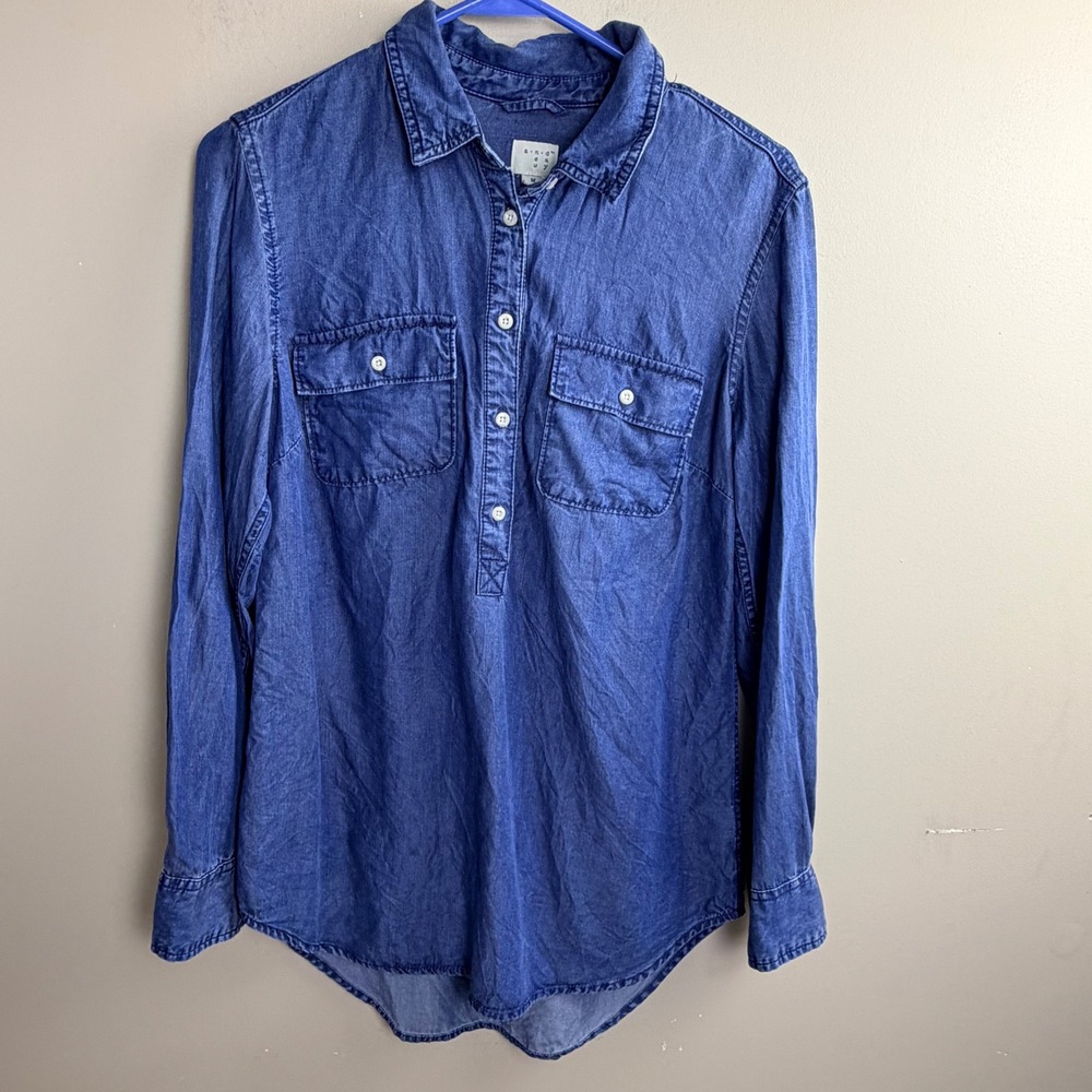 A New Day Chambray Womens Blue Lyocell Denim Popover Shirt Long Sleeve Size M